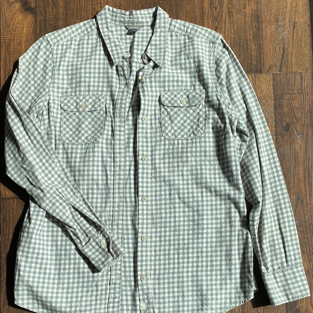 Eddie Bauer Grey Plaid Long Sleeve Button Down Shirt 100% Cotton